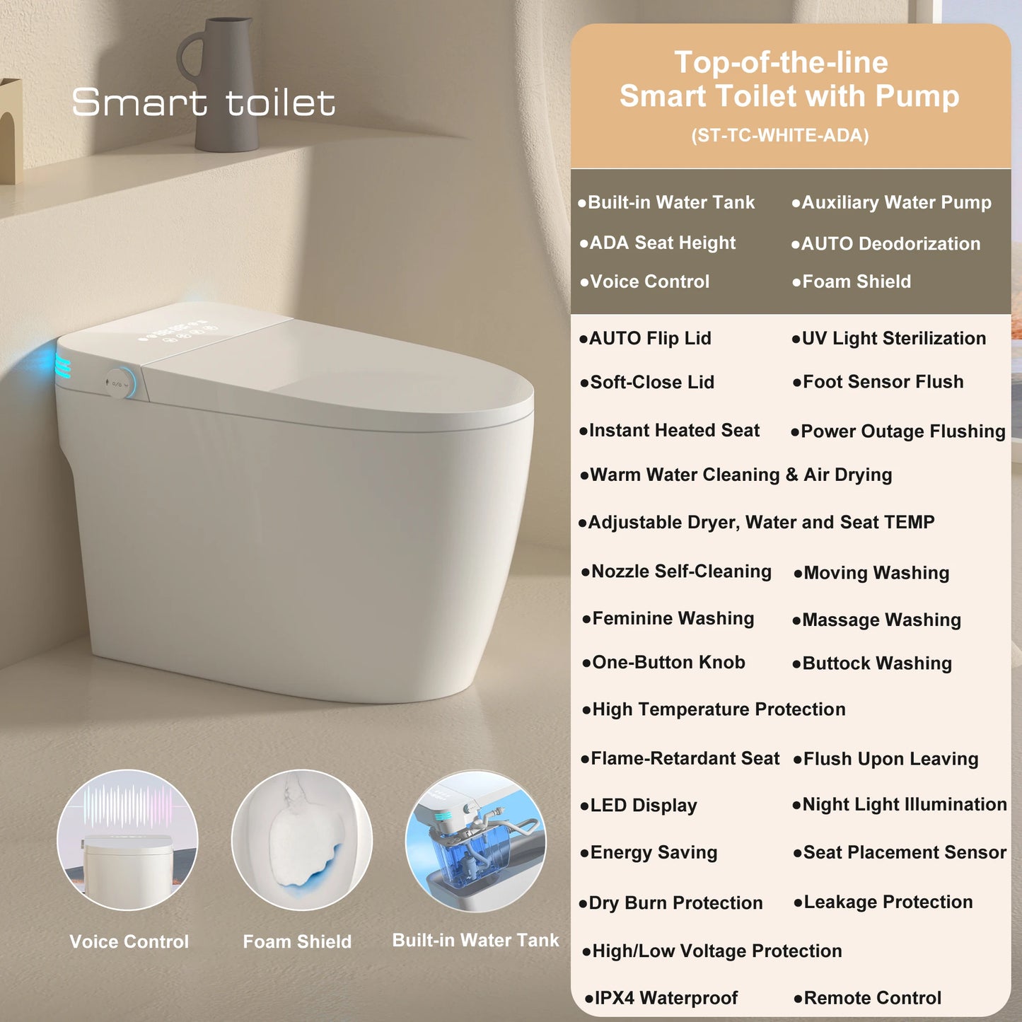 Smart Toilet with Built-in Bidet, AUTO Open/Close, Warm Water Sprayer, AUTO Dual Flush, Heated Seat.