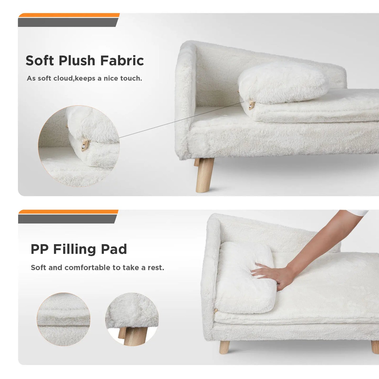 Pet Plush Lounge Sofa with Wood Legs and Soft Waterproof Cushion - Beige