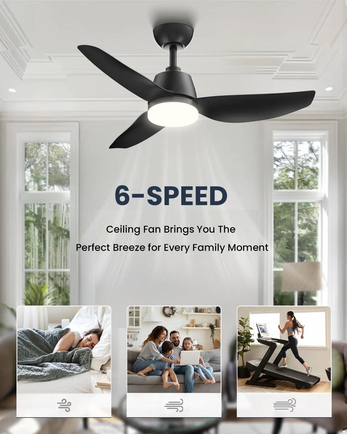 40" Ceiling Fan w/Light & Remote Control, 3 Blades 6-Speed Ceiling Fan