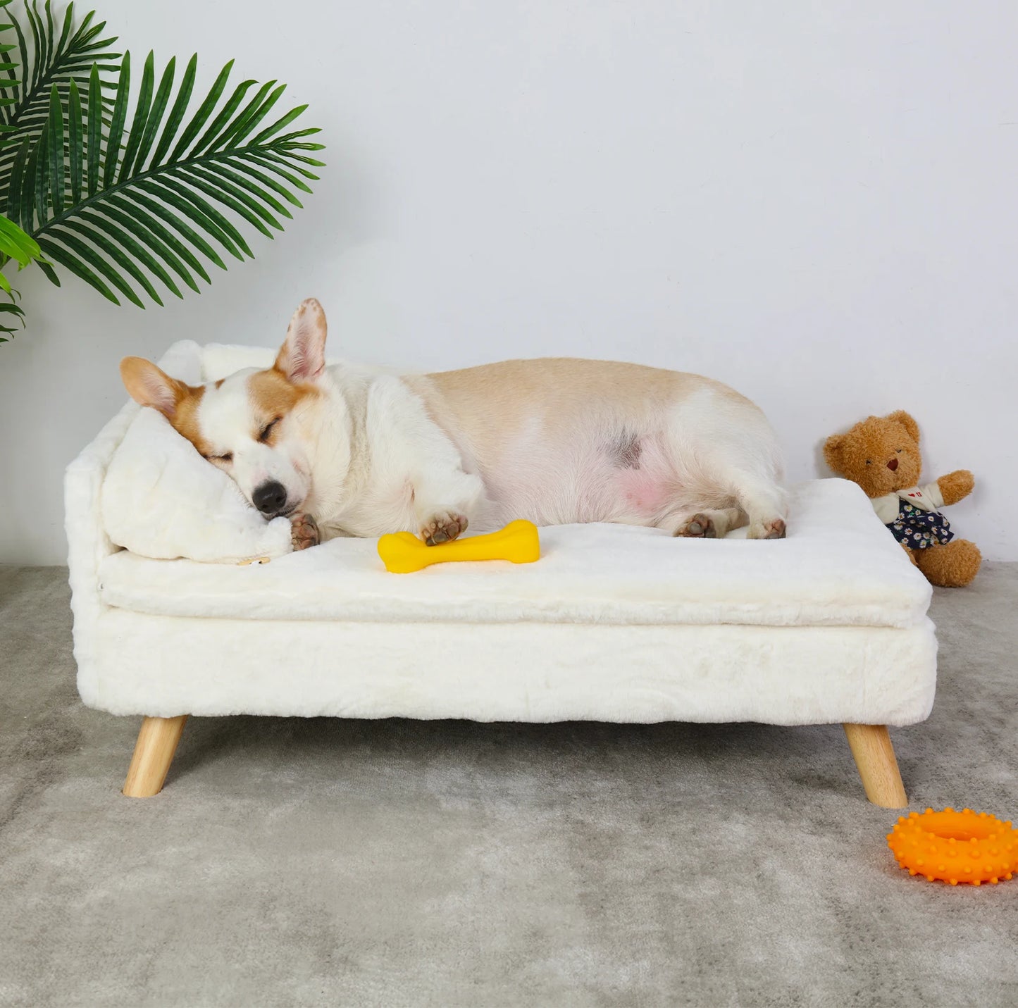 Pet Plush Lounge Sofa with Wood Legs and Soft Waterproof Cushion - Beige