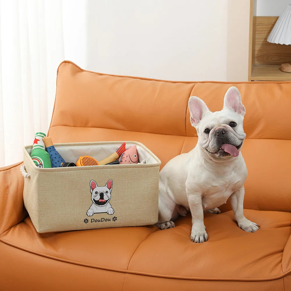 Personalized Dog/Cat Toy Organizer Basket w/Printed Dog/Cat Image + Name (Cream, Gray)
