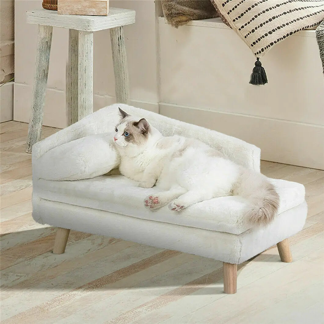 Pet Plush Lounge Sofa with Wood Legs and Soft Waterproof Cushion - Beige
