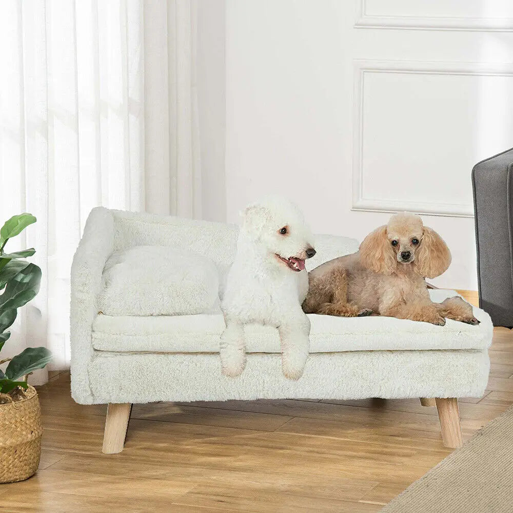 Pet Plush Lounge Sofa with Wood Legs and Soft Waterproof Cushion - Beige