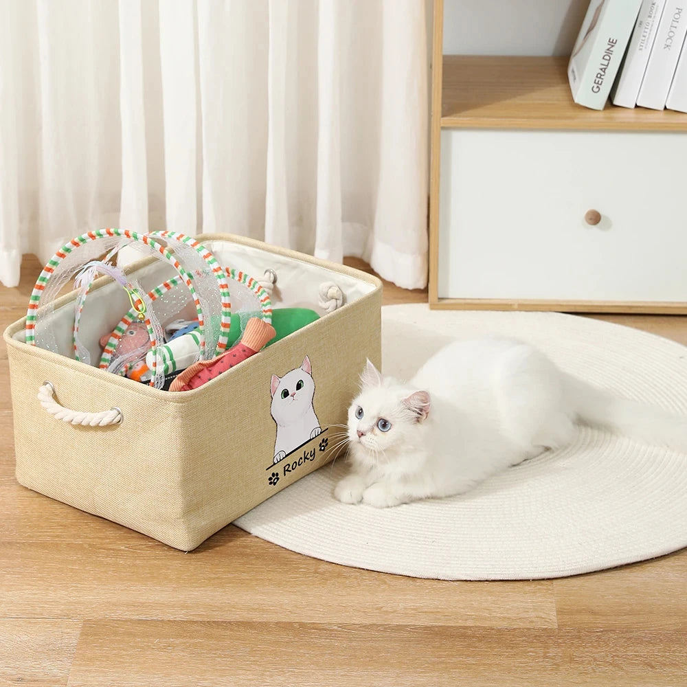 Personalized Dog/Cat Toy Organizer Basket w/Printed Dog/Cat Image + Name (Cream, Gray)