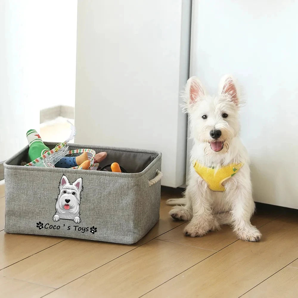 Personalized Dog/Cat Toy Organizer Basket w/Printed Dog/Cat Image + Name (Cream, Gray)