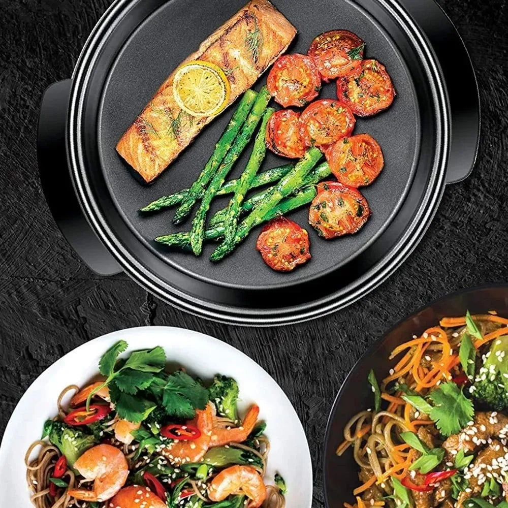 12" Electric Skillet Frying Pan with Non-Stick Coating, Tempered Glass Lid Cool-Touch Handles/Knob