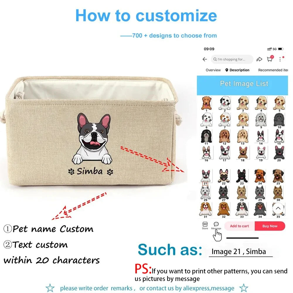 Personalized Dog/Cat Toy Organizer Basket w/Printed Dog/Cat Image + Name (Cream, Gray)