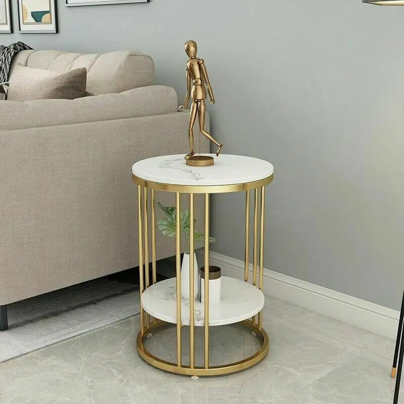 2-Tier White Faux Marble End Table w/Golden Metal Legs