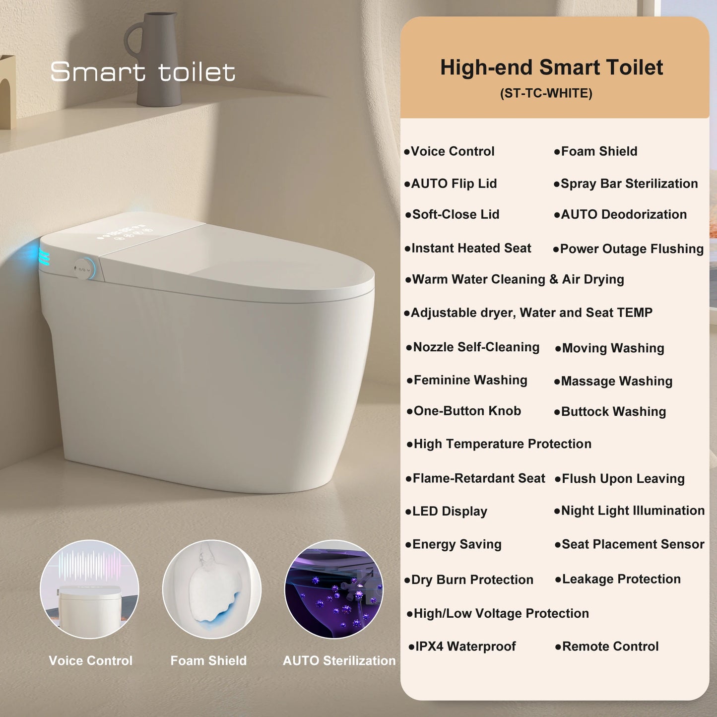 Smart Toilet with Built-in Bidet, AUTO Open/Close, Warm Water Sprayer, AUTO Dual Flush, Heated Seat.