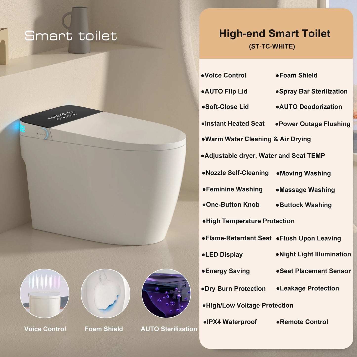 Smart Toilet with Built-in Bidet, AUTO Open/Close, Warm Water Sprayer, AUTO Dual Flush, Heated Seat.