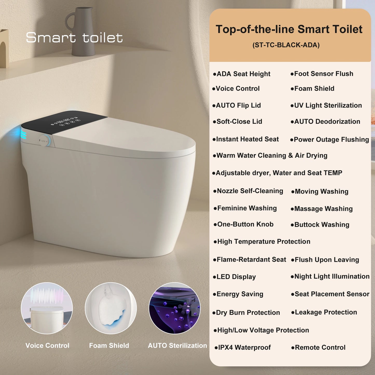 Smart Toilet with Built-in Bidet, AUTO Open/Close, Warm Water Sprayer, AUTO Dual Flush, Heated Seat.