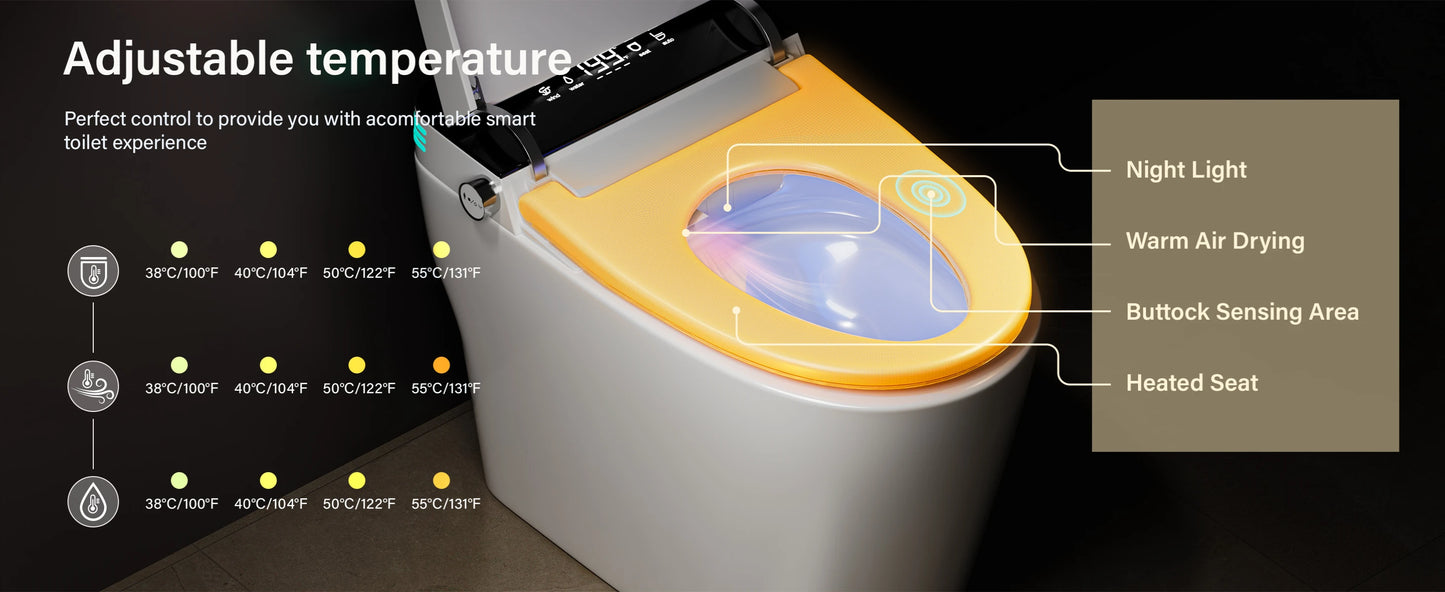Smart Toilet with Built-in Heated Bidet, AUTO Open/Close, AUTO Dual Flush.