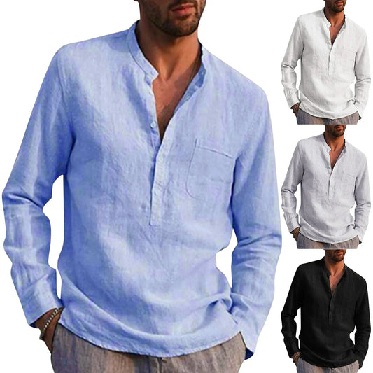 Men's Casual Loose Fit Cotton Shirt w/Long Sleeves, Stand Collar, (X4 Colors)