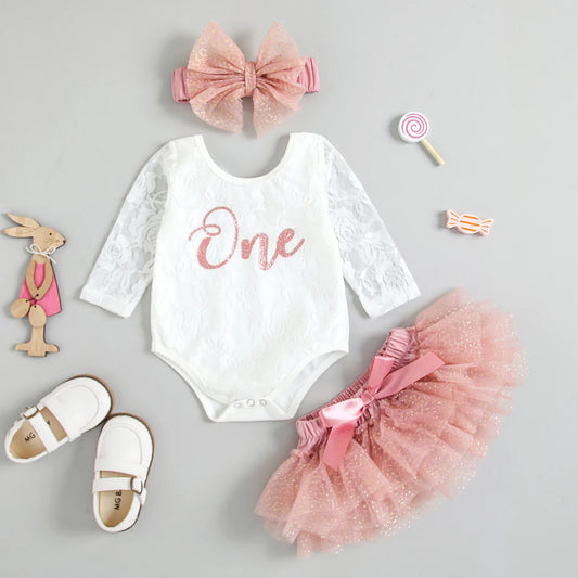 Girls 1ST BIRTHDAY 3Pc Lace Sleeve Romper, Tutu Skirt +Headband Set. (9M - 24M)