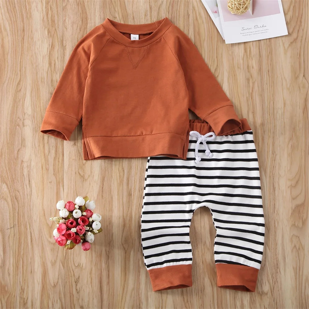 Baby/Toddler Boy's  Autumn Top + Striped Pants 2Pc Set. (0-6 to 24Mo)