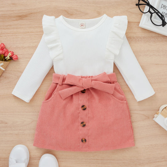 Girl Toddler Ribbed Top w/Ruffles + Button Pencil Skirt Set. (6M - 3T) Pink, Blue.