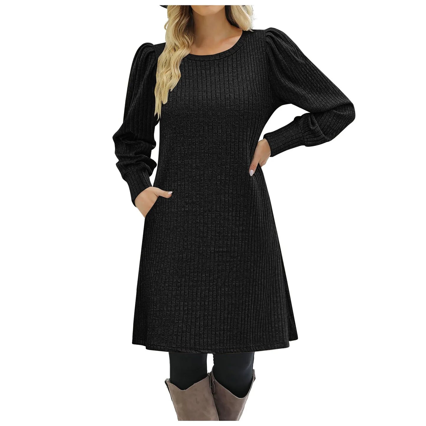 Womens' Ribbed Knit Tunic Sweater Dress w/Pockets & Side Slit (x7 Colors)