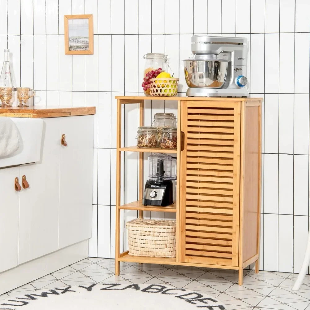 Freestanding Bamboo Bathroom Storage Cabinet w/Door & 3-Tier Open Shelves.