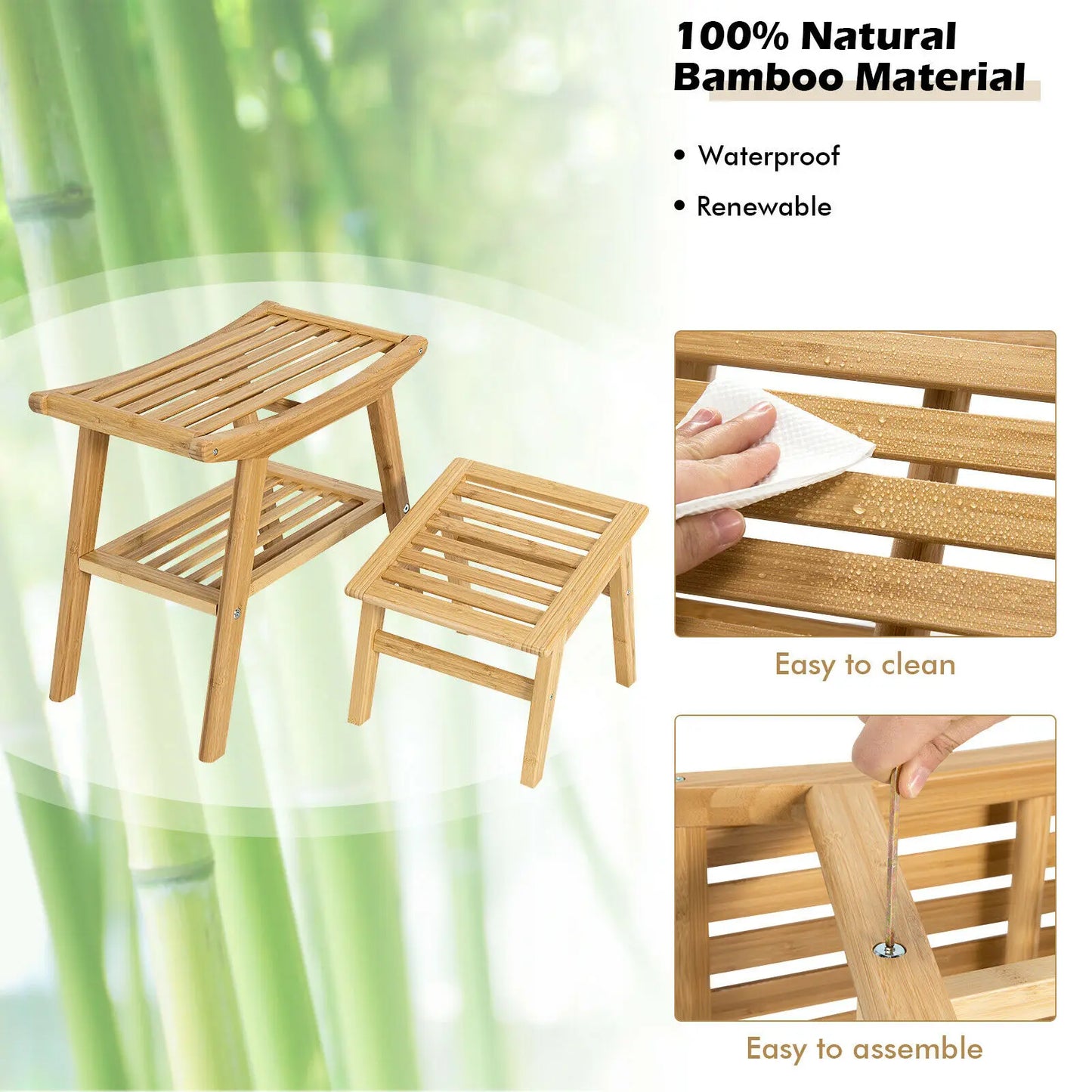 2Pc Bamboo Shower Seat w/Underneath Shelf and Foot Stool