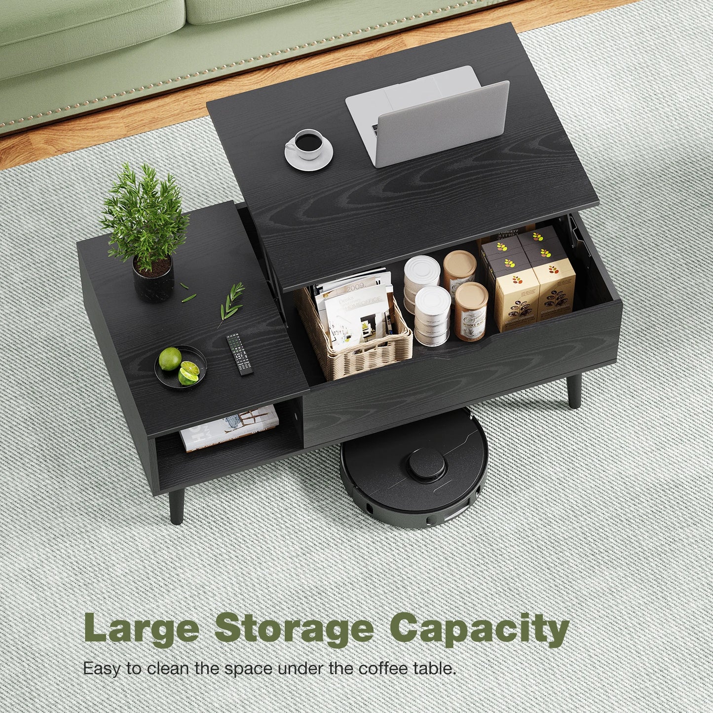 Living Room Lift-Top Coffee Table w/Adjustable Storage Shelf  (Black, Chocolate).