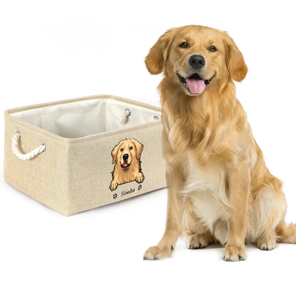 Personalized Dog/Cat Toy Organizer Basket w/Printed Dog/Cat Image + Name (Cream, Gray)