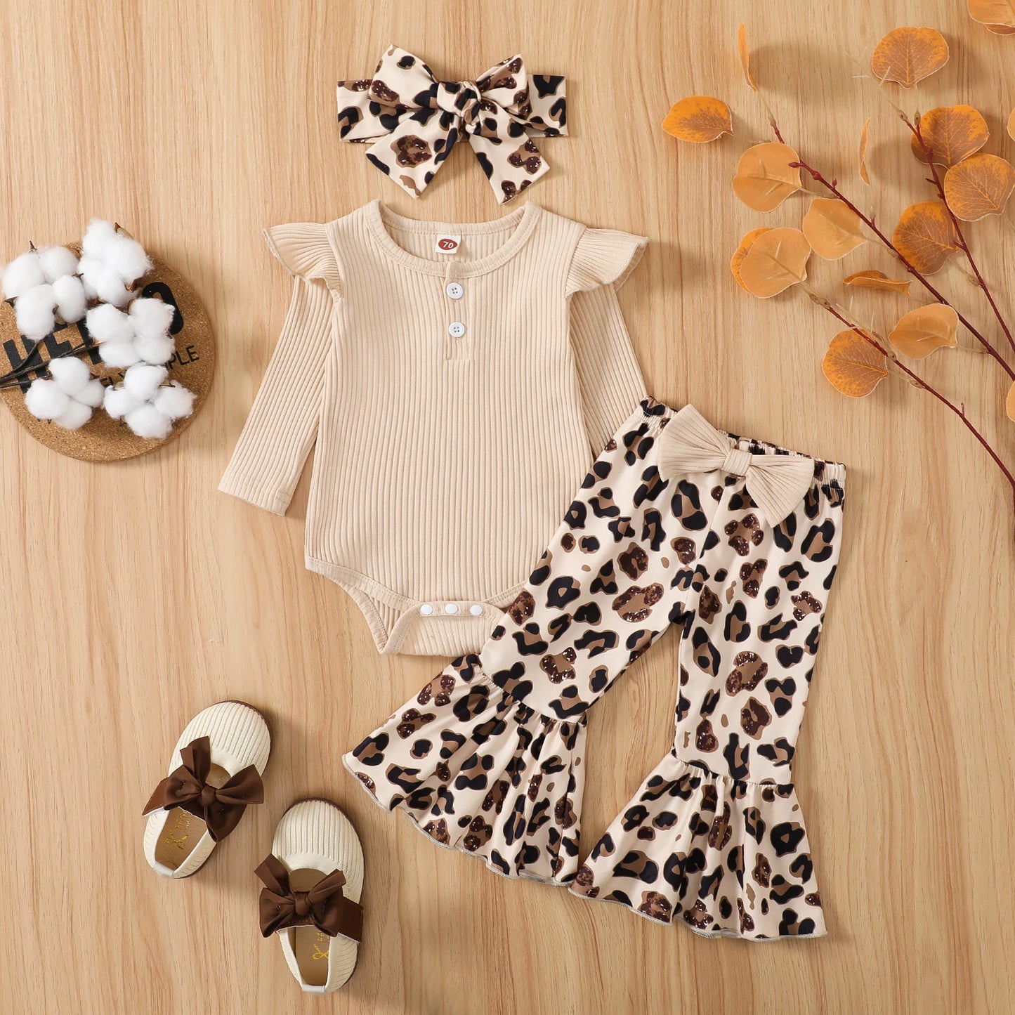 0M-12M Baby Girls Ribbed Ruffle Romper + Leopard/Cow Print Flare Pants