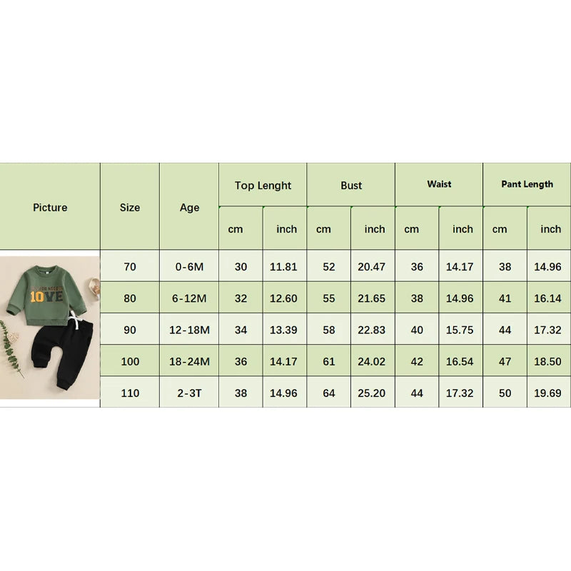 6M-3T Baby Boy 2Pc Sweatshirt + Pants Set, Letter Print (Green, Khaki)