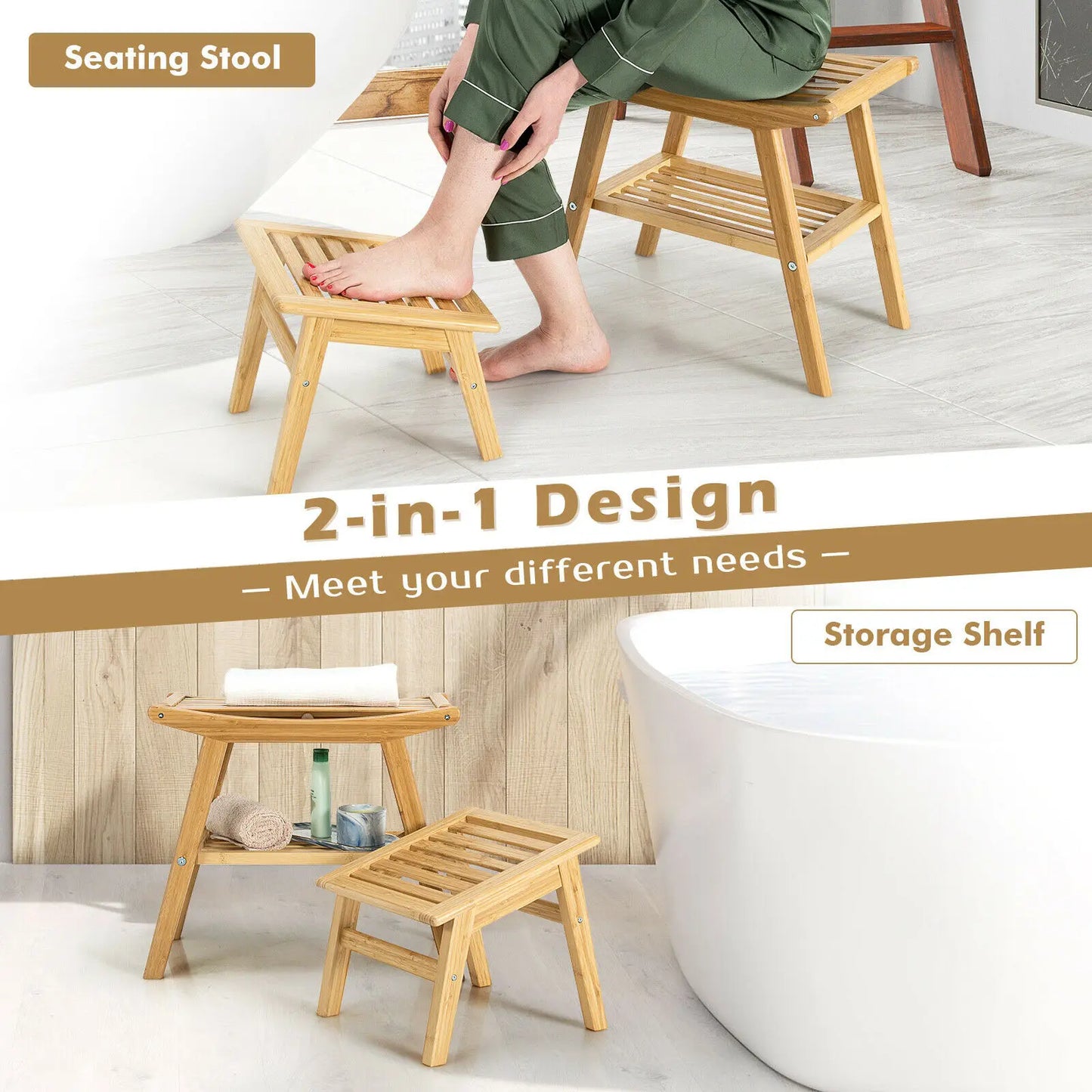 2Pc Bamboo Shower Seat w/Underneath Shelf and Foot Stool