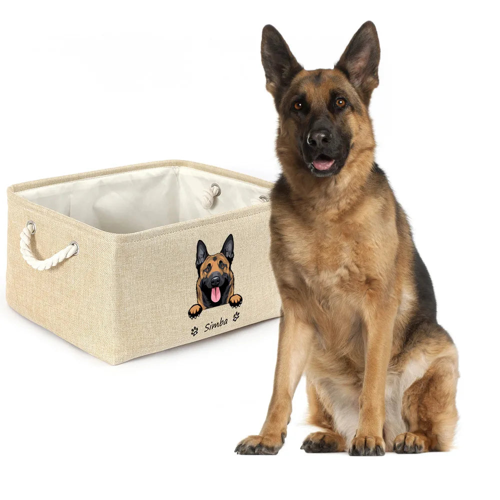 Personalized Dog/Cat Toy Organizer Basket w/Printed Dog/Cat Image + Name (Cream, Gray)