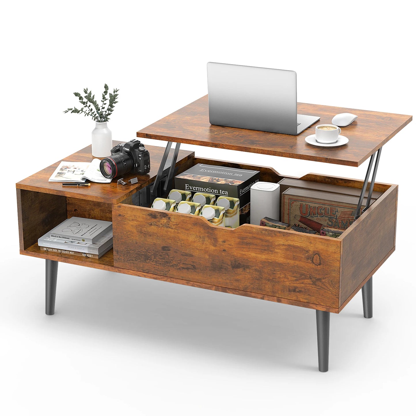 Living Room Lift-Top Coffee Table w/Adjustable Storage Shelf  (Black, Chocolate).