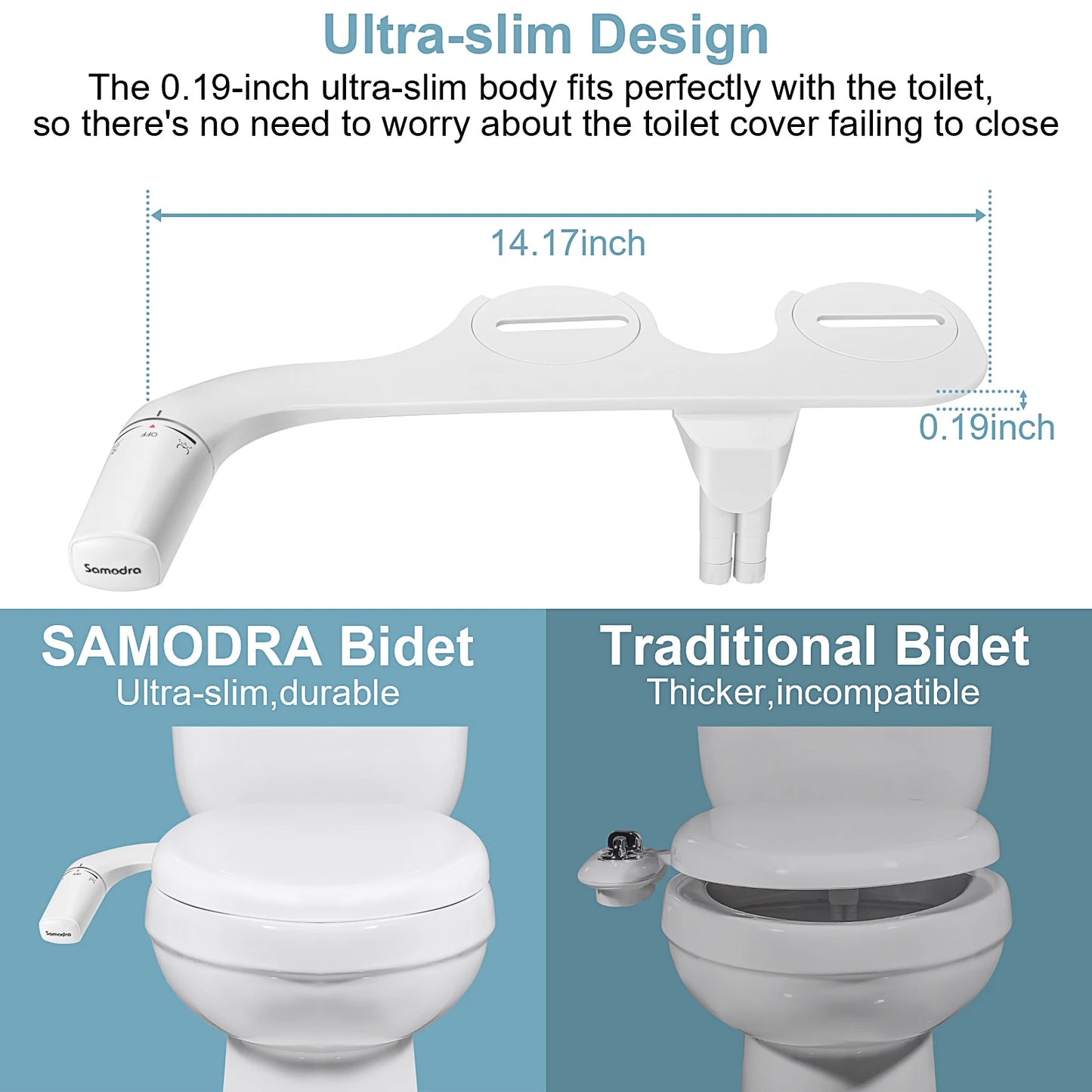 Ultra-Slim Bidet Toilet Seat Attachment w/Dual Nozzle, (Adjustable Water Pressure)