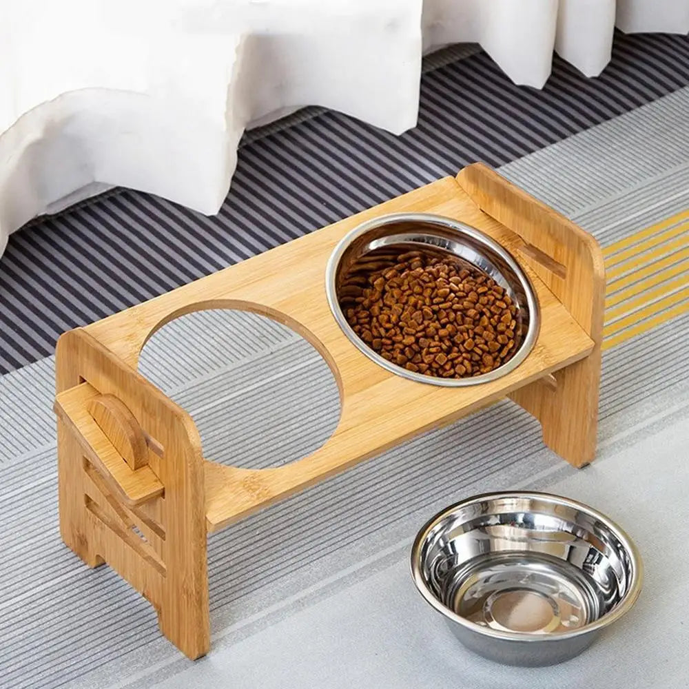 Adjustable Elevated Wood Frame with Tilted Double Stainless Steel Pet/Dog Bowls.