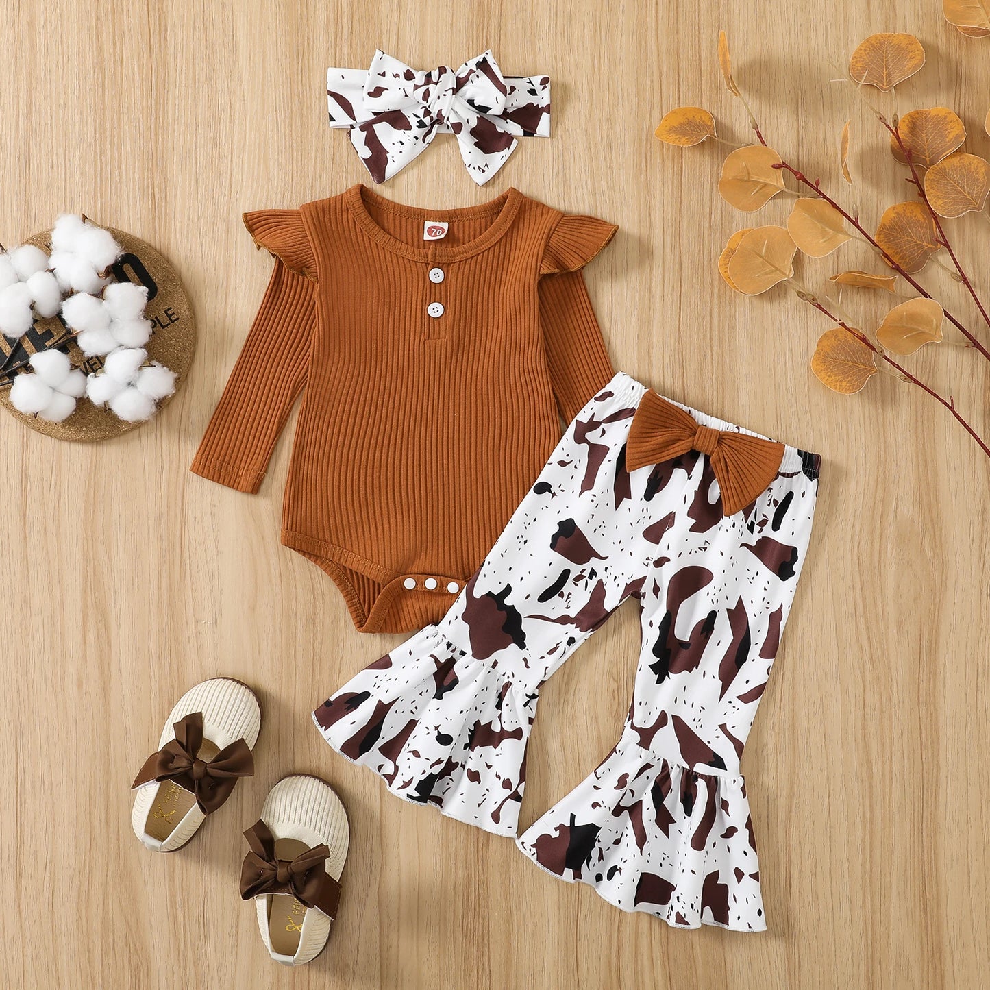 0M-12M Baby Girls Ribbed Ruffle Romper + Leopard/Cow Print Flare Pants