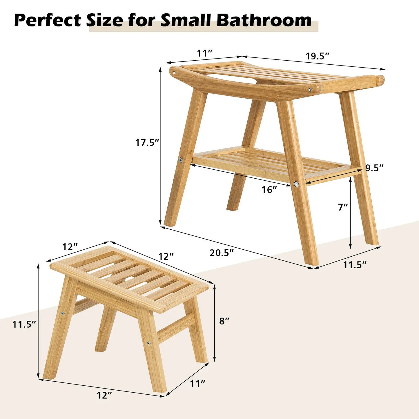 2Pc Bamboo Shower Seat w/Underneath Shelf and Foot Stool