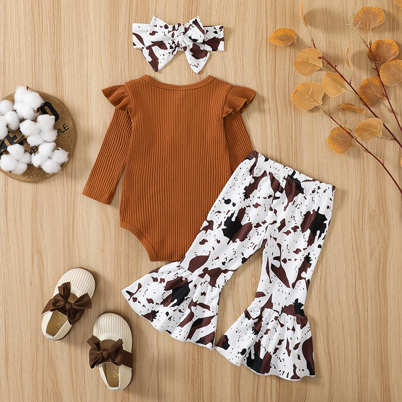 0M-12M Baby Girls Ribbed Ruffle Romper + Leopard/Cow Print Flare Pants