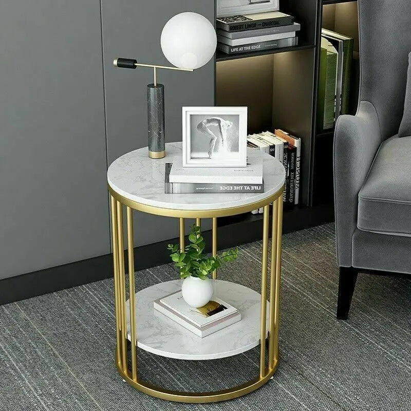 2-Tier White Faux Marble End Table w/Golden Metal Legs