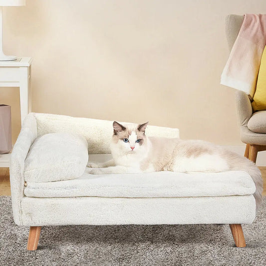 Pet Plush Lounge Sofa with Wood Legs and Soft Waterproof Cushion - Beige