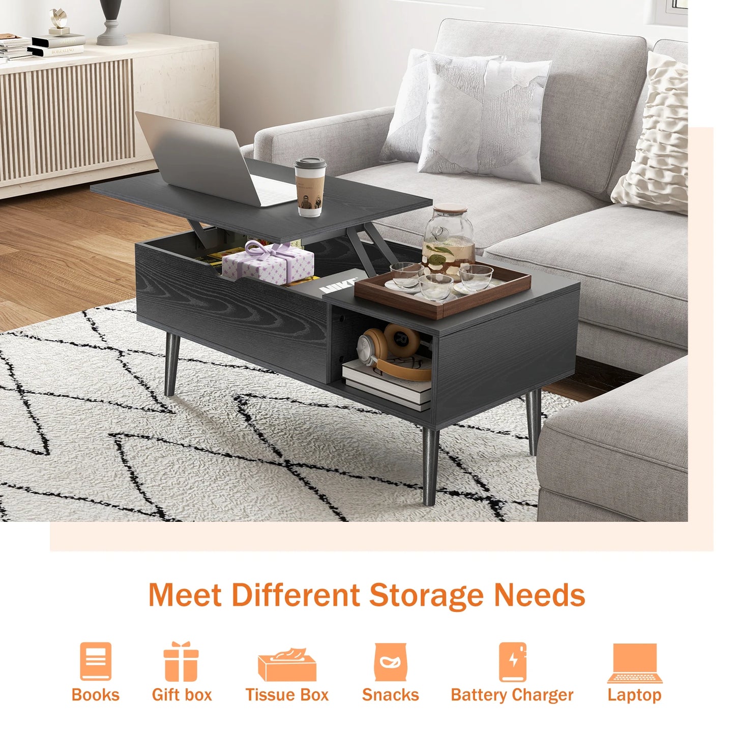 Living Room Lift-Top Coffee Table w/Adjustable Storage Shelf  (Black, Chocolate).