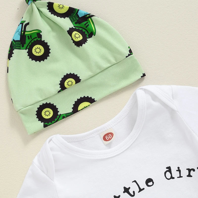 3Pc Newborn Baby Boy Tractor Print Set, Romper/Pants/Hat (0-3M to 18M)