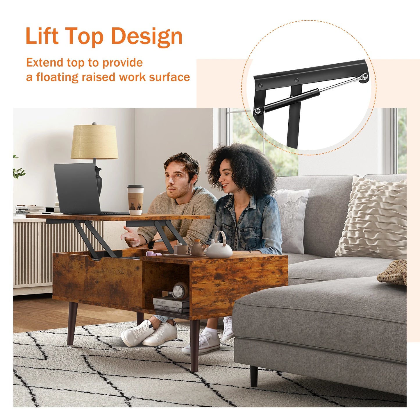 Living Room Lift-Top Coffee Table w/Adjustable Storage Shelf  (Black, Chocolate).