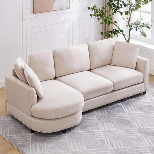 89" L-Shaped Living Room Couch, Upholstered Linen Fabric (Beige, Dark Grey).