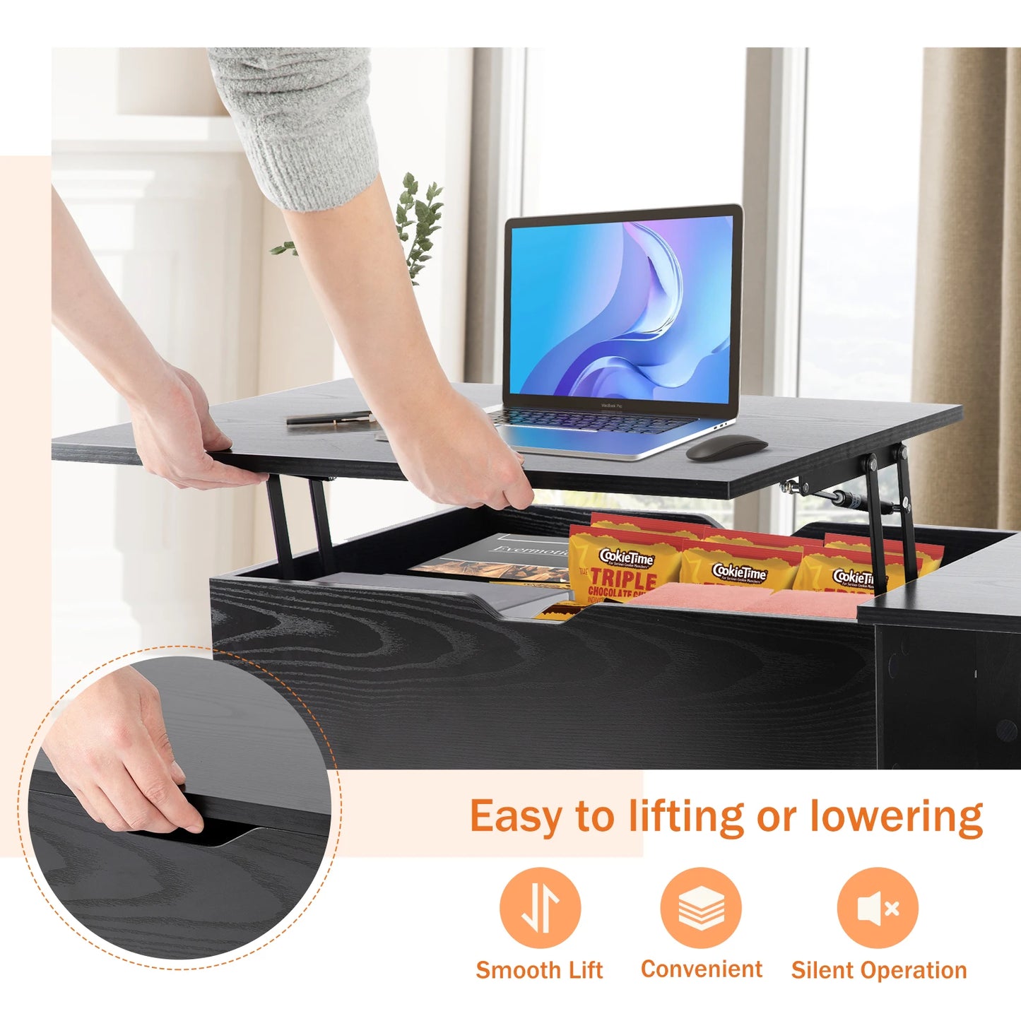 Living Room Lift-Top Coffee Table w/Adjustable Storage Shelf  (Black, Chocolate).