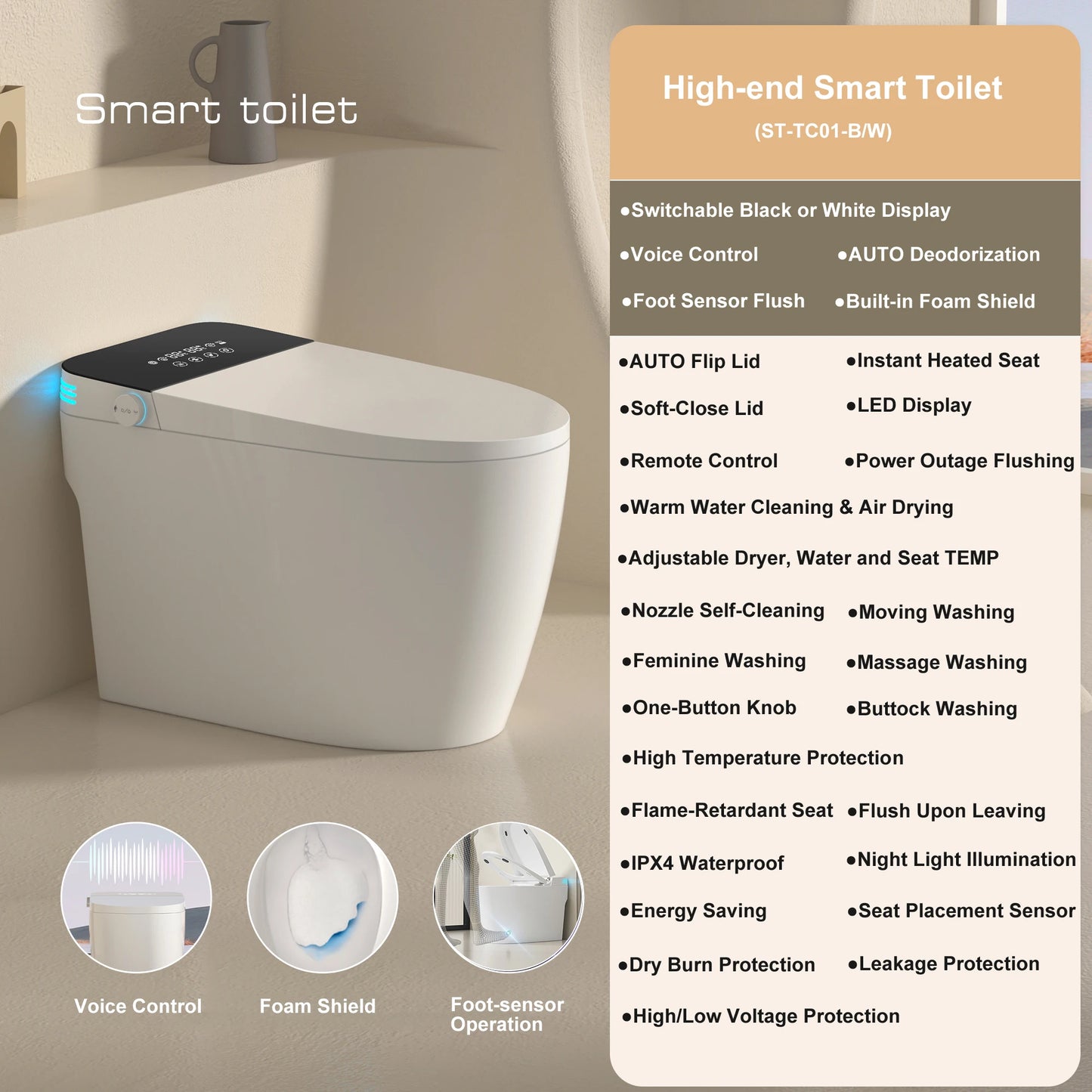 Smart Toilet w/Built-in Bidet, AUTO Open/Close, AUTO Dual Flush