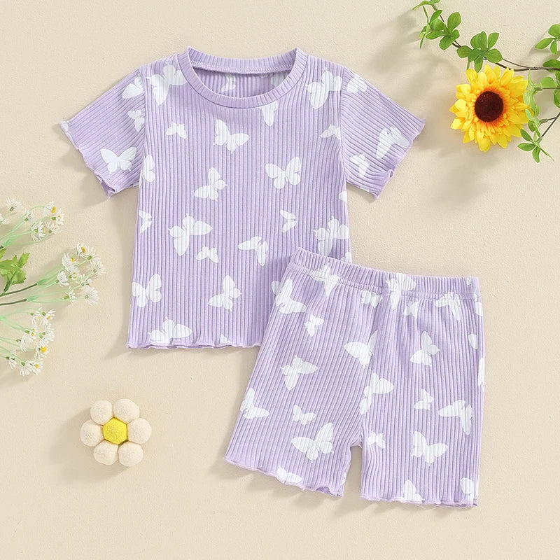 6M - 4Y Baby Girl Summer Ruffle Ribbed T-Shirt/Shorts Set (3 Fabric Selections)