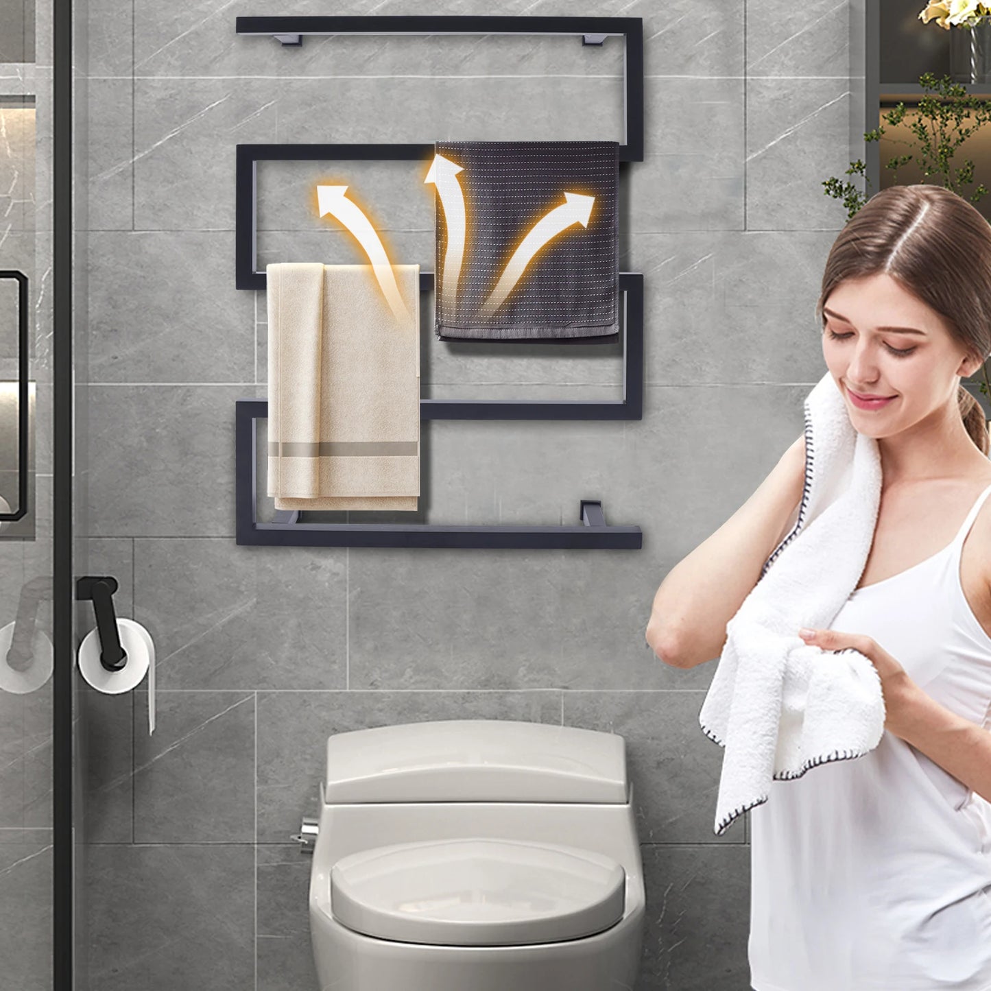 Modern S-Shaped Electric Heated Towel Rack, Matte Black