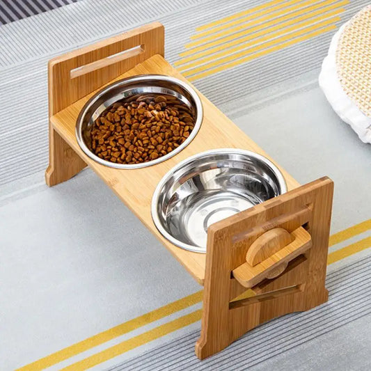 Adjustable Elevated Wood Frame with Tilted Double Stainless Steel Pet/Dog Bowls.