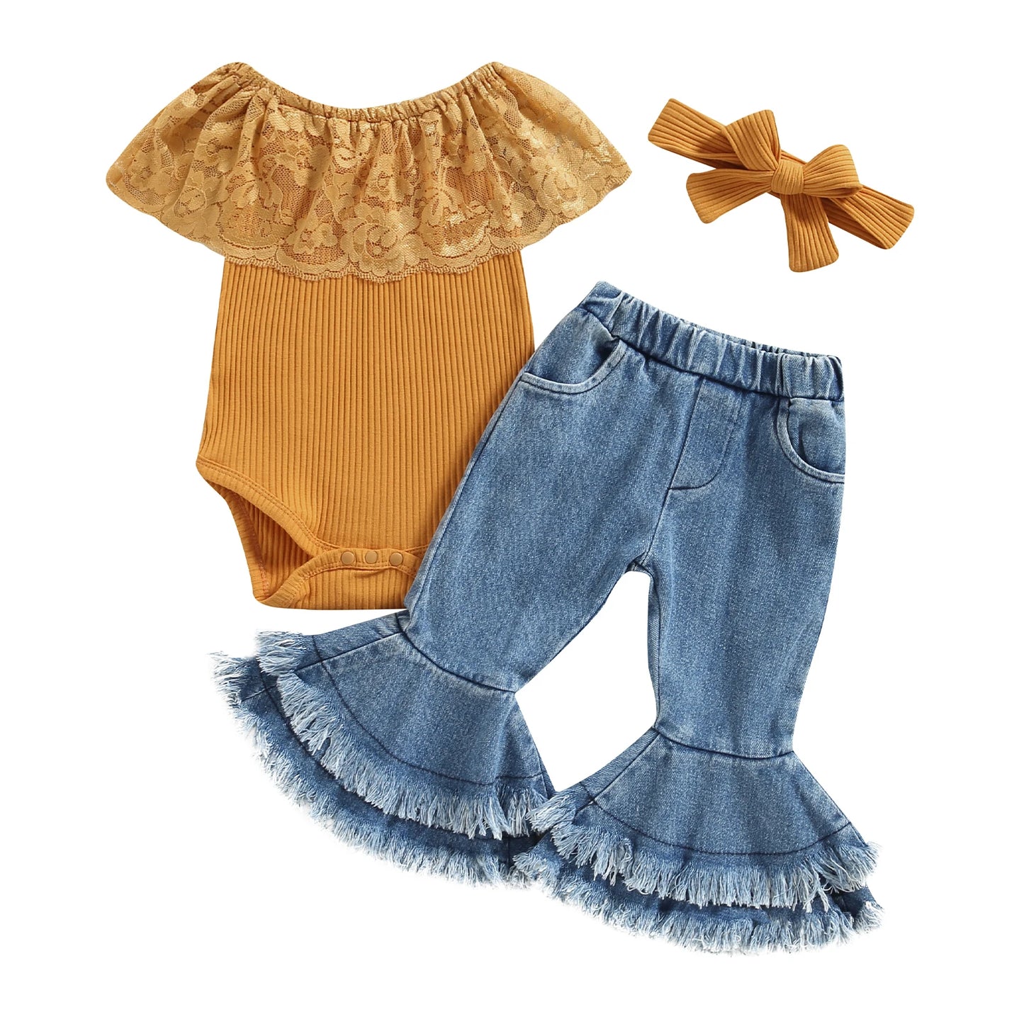 Baby Girls 3Pc Ribbed w/Lace Romper + Flare Pants + Headband Set