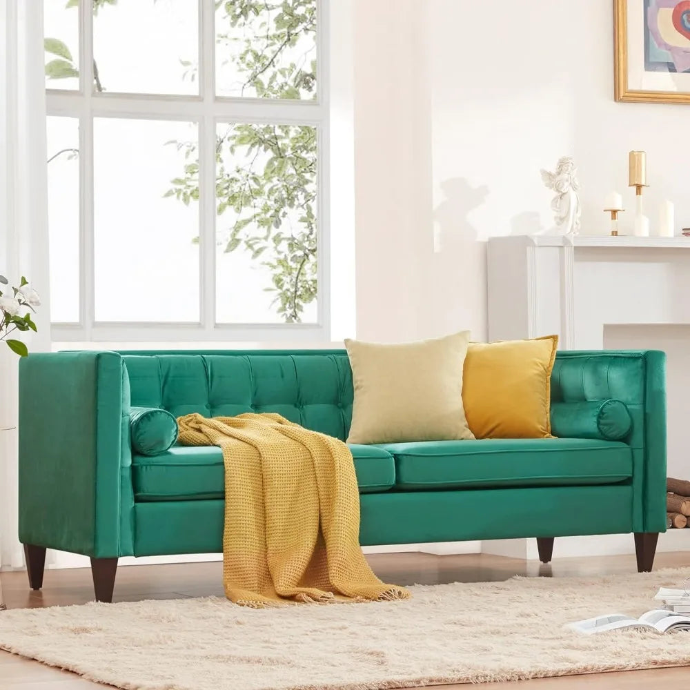 Mid-Century Modern Velvet Button Tufted Loveseat Sofa w/Bolster Pillows (x3 Colors).