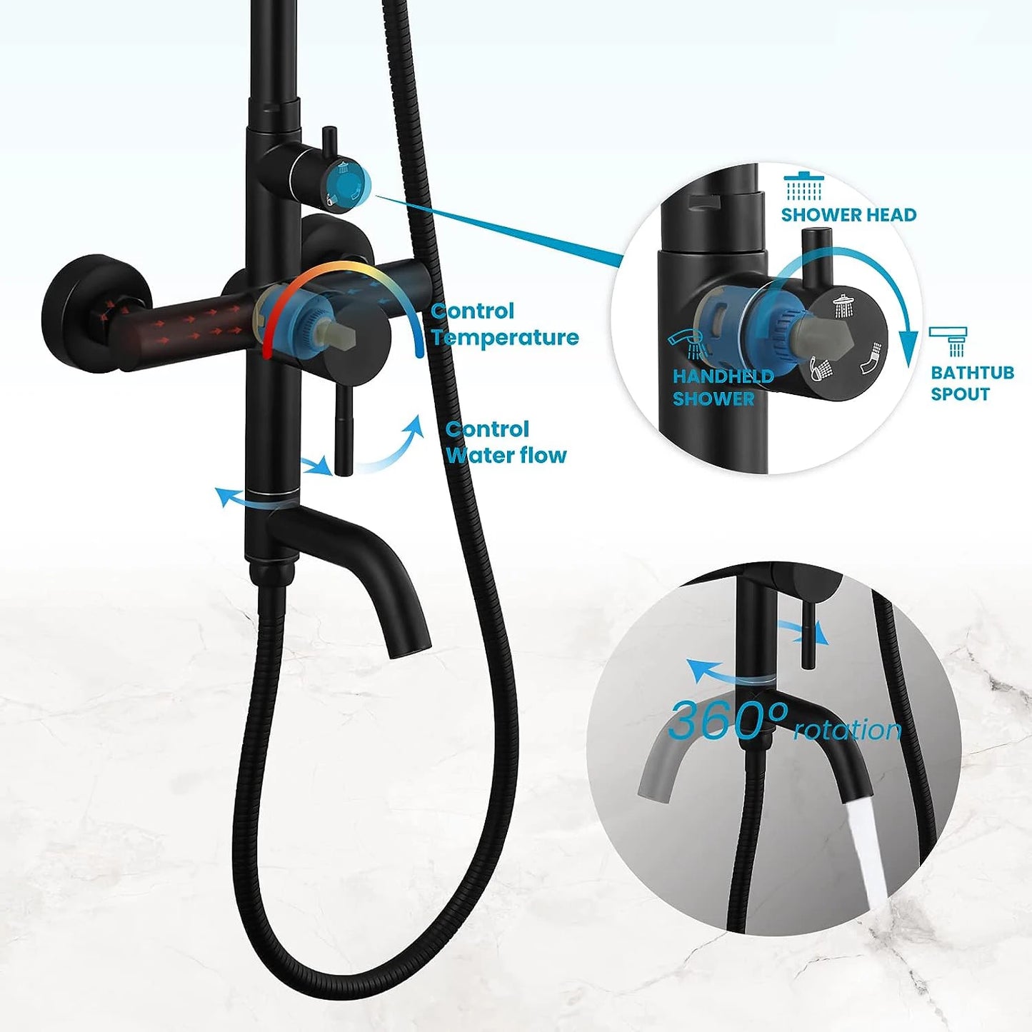 Triple Function Shower faucet w/Adjustable Hand Sprayer and Tub Spout - Black