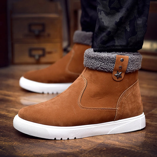 Mens Thick Plush Ankle High-Top Boots w/Side Zipper (Brown, Black)